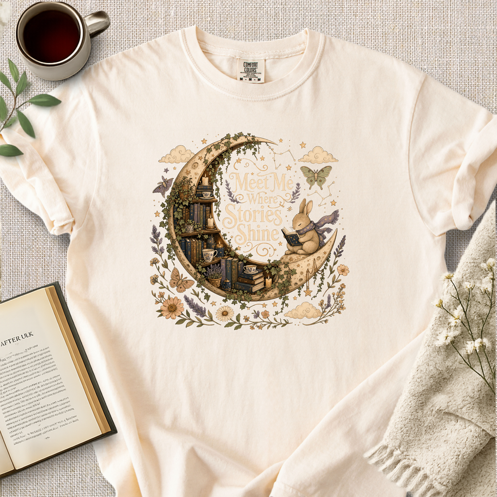 "Meet Me Where Stories Shine" Cozy Reading Tee
