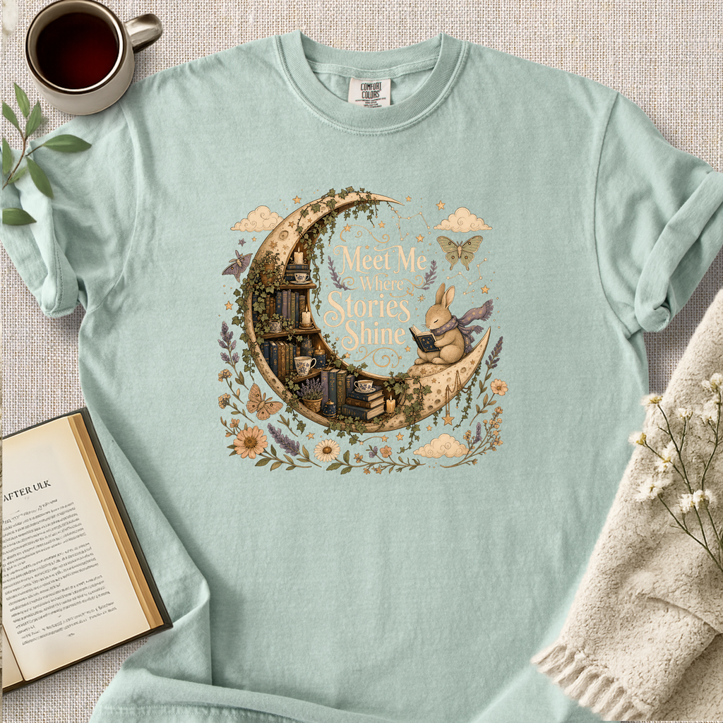 "Meet Me Where Stories Shine" Cozy Reading Tee
