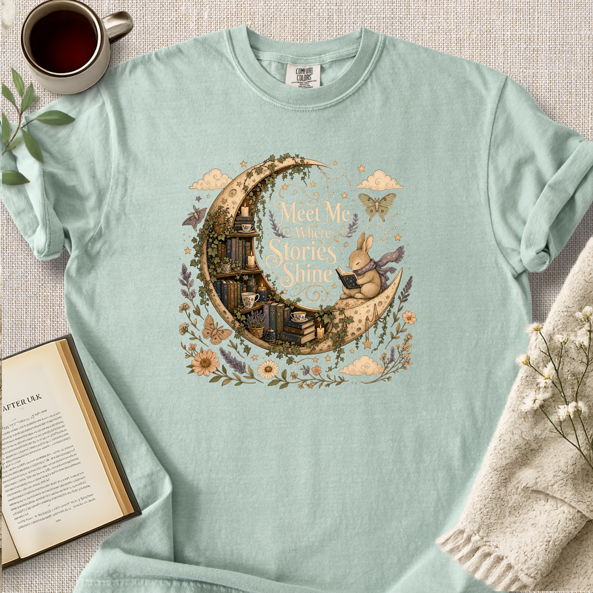 "Meet Me Where Stories Shine" Cozy Reading Tee