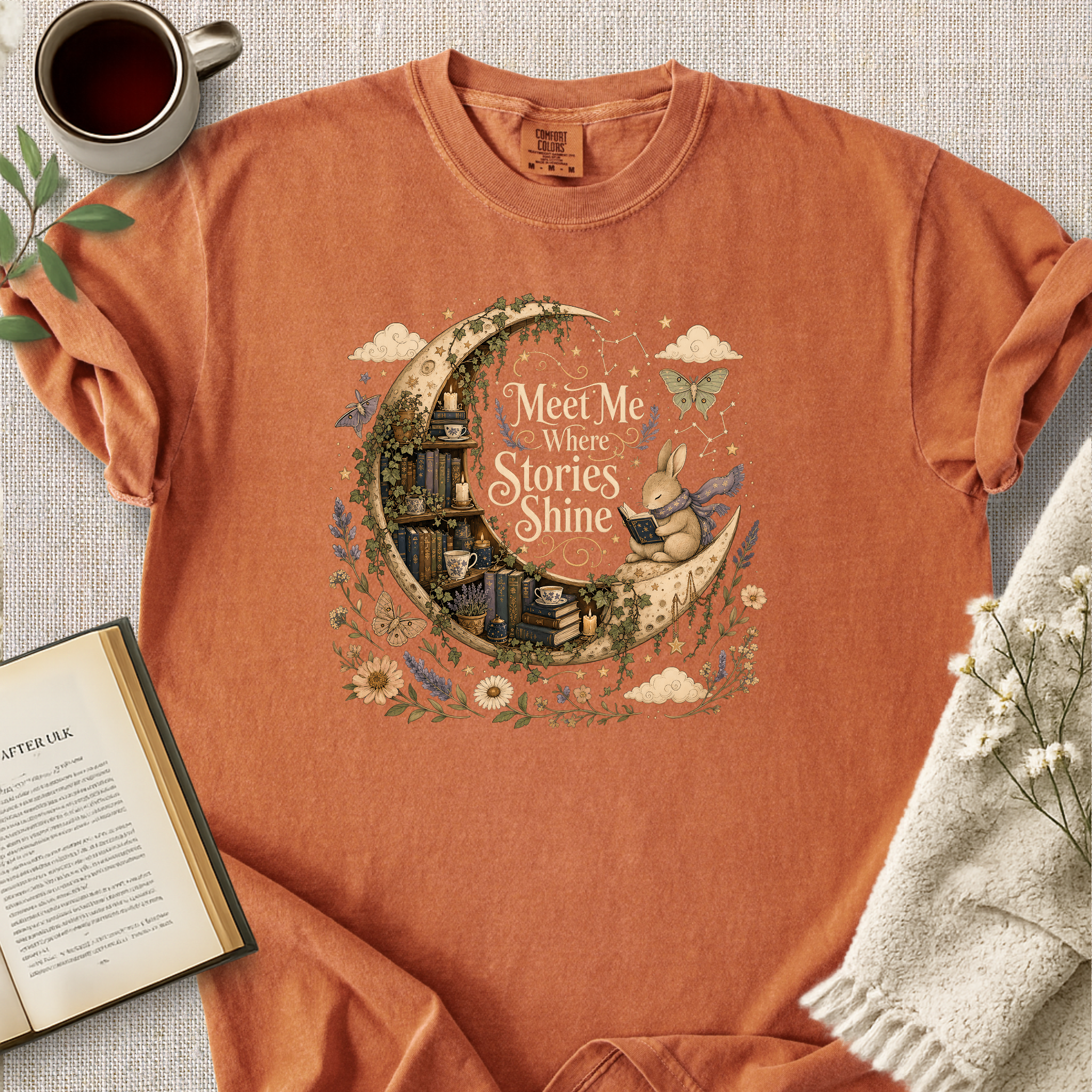 "Meet Me Where Stories Shine" Cozy Reading Tee