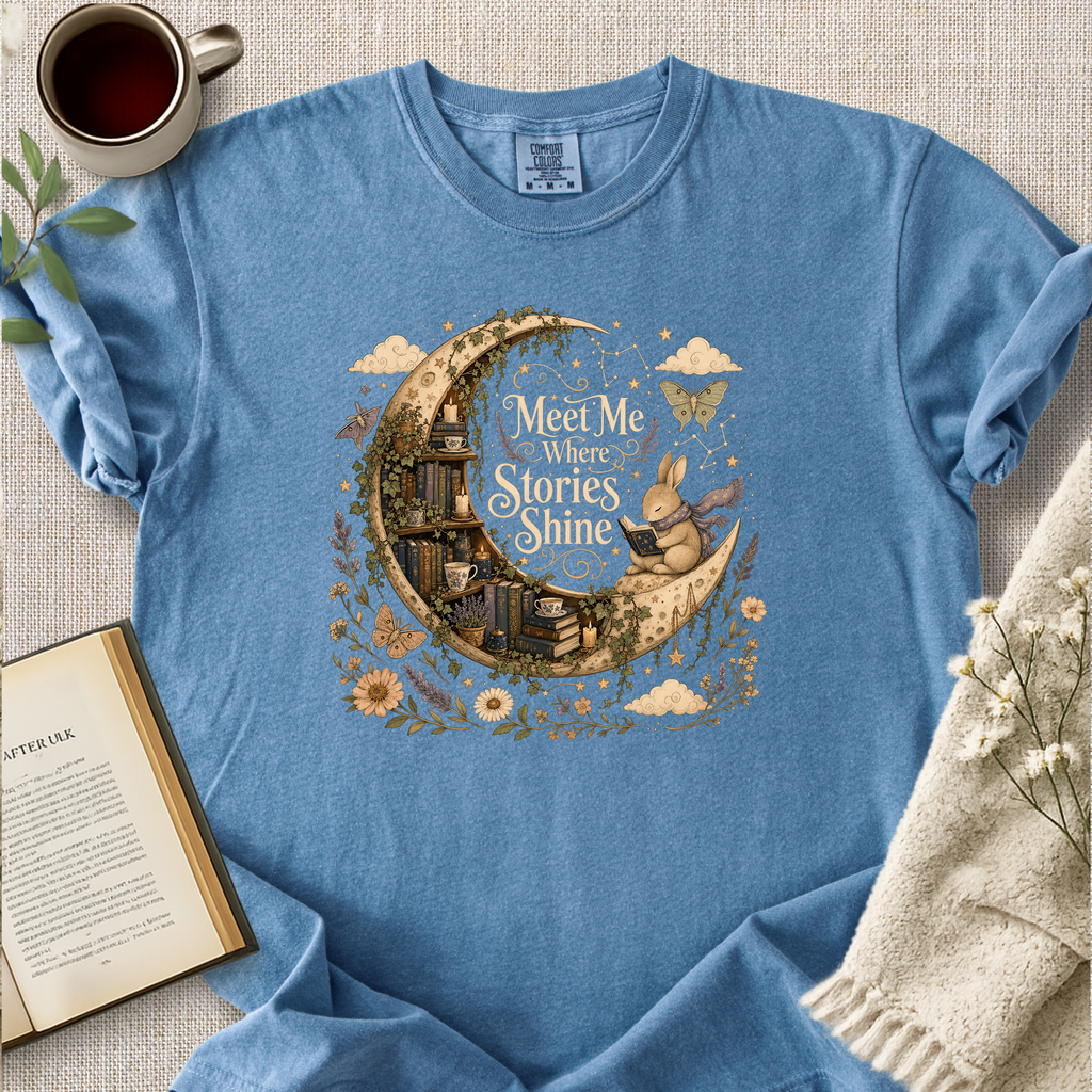 "Meet Me Where Stories Shine" Cozy Reading Tee