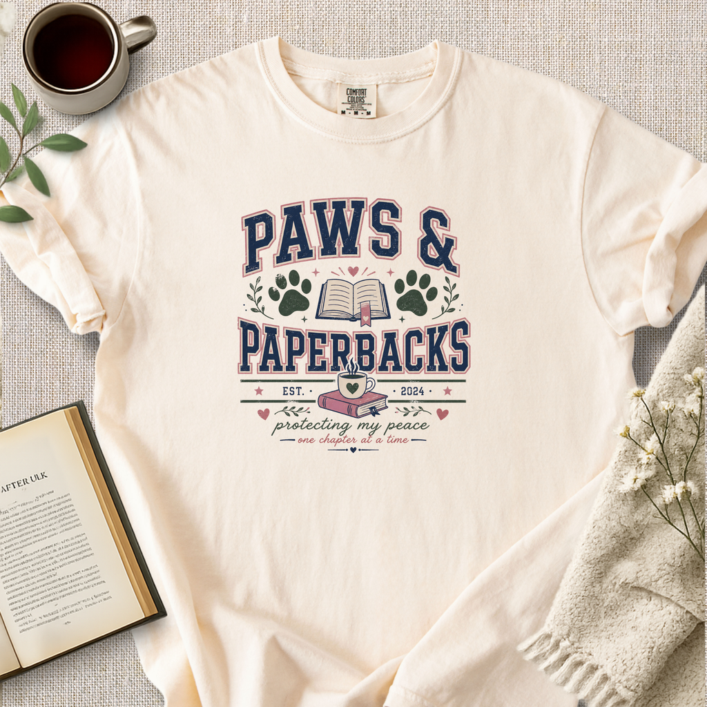 "Paws And Paperbacks" Cozy Reading Tee