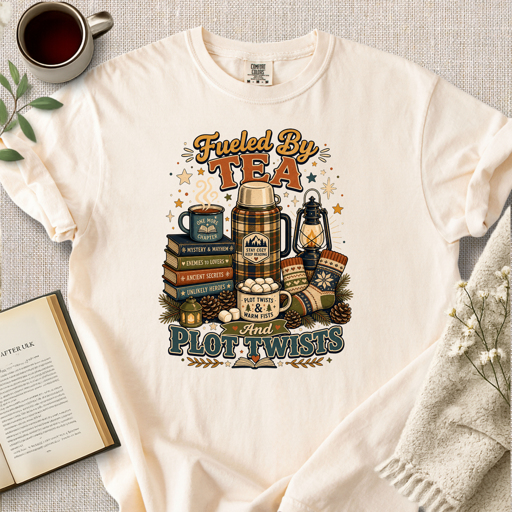 "Fueled By Tea And Plot Twists" Cozy Tee