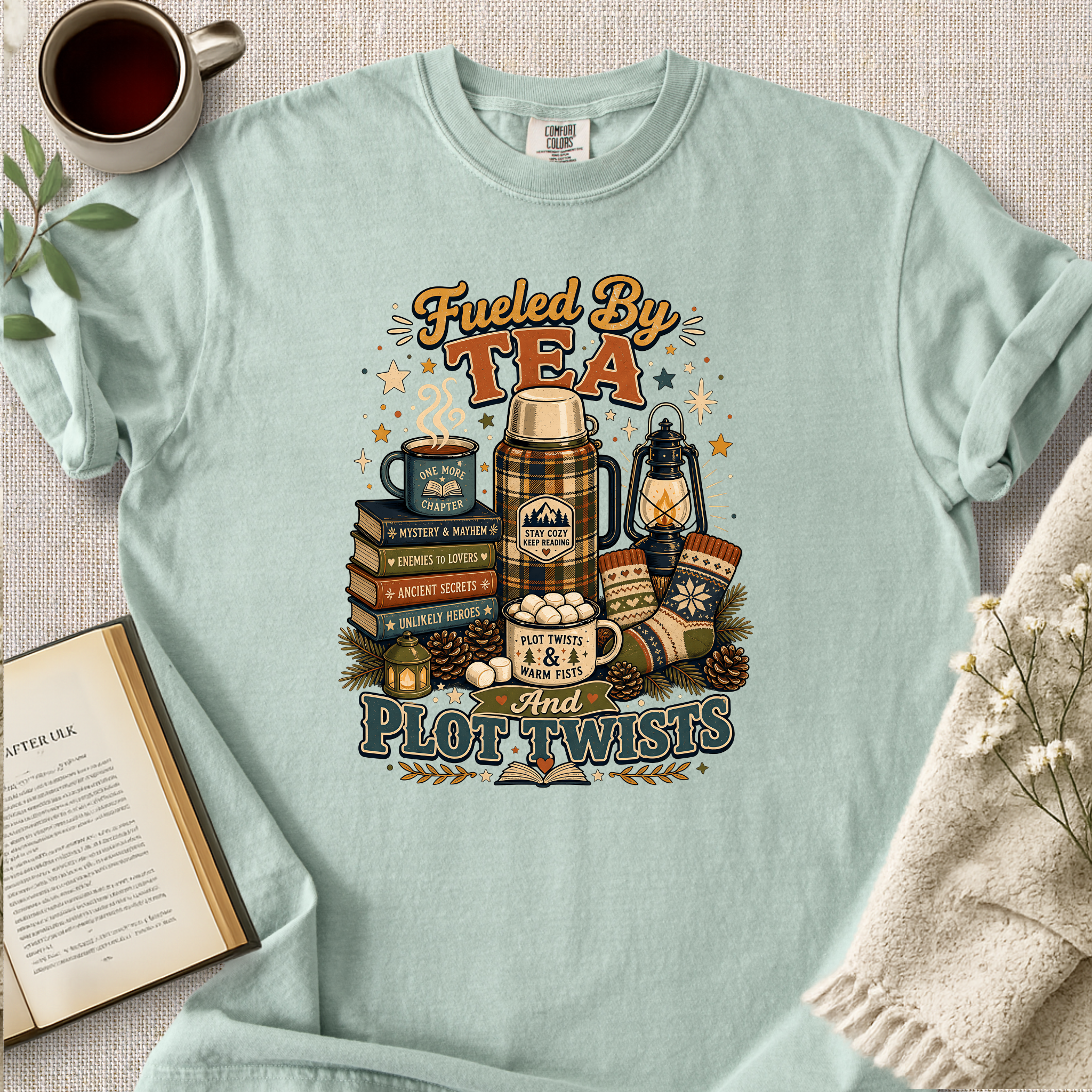 "Fueled By Tea And Plot Twists" Cozy Tee