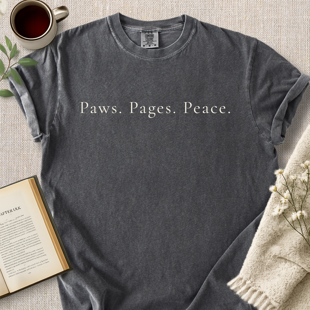 "Paws.  Pages.  Peace." Cozy Tee