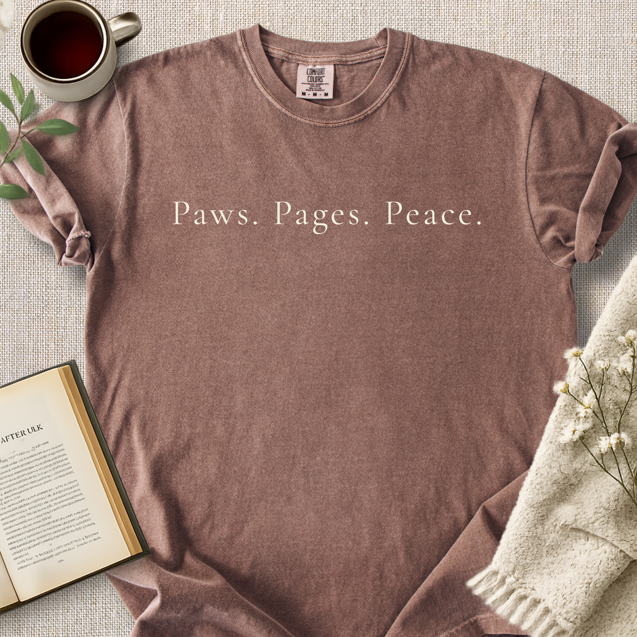 "Paws.  Pages.  Peace." Cozy Tee