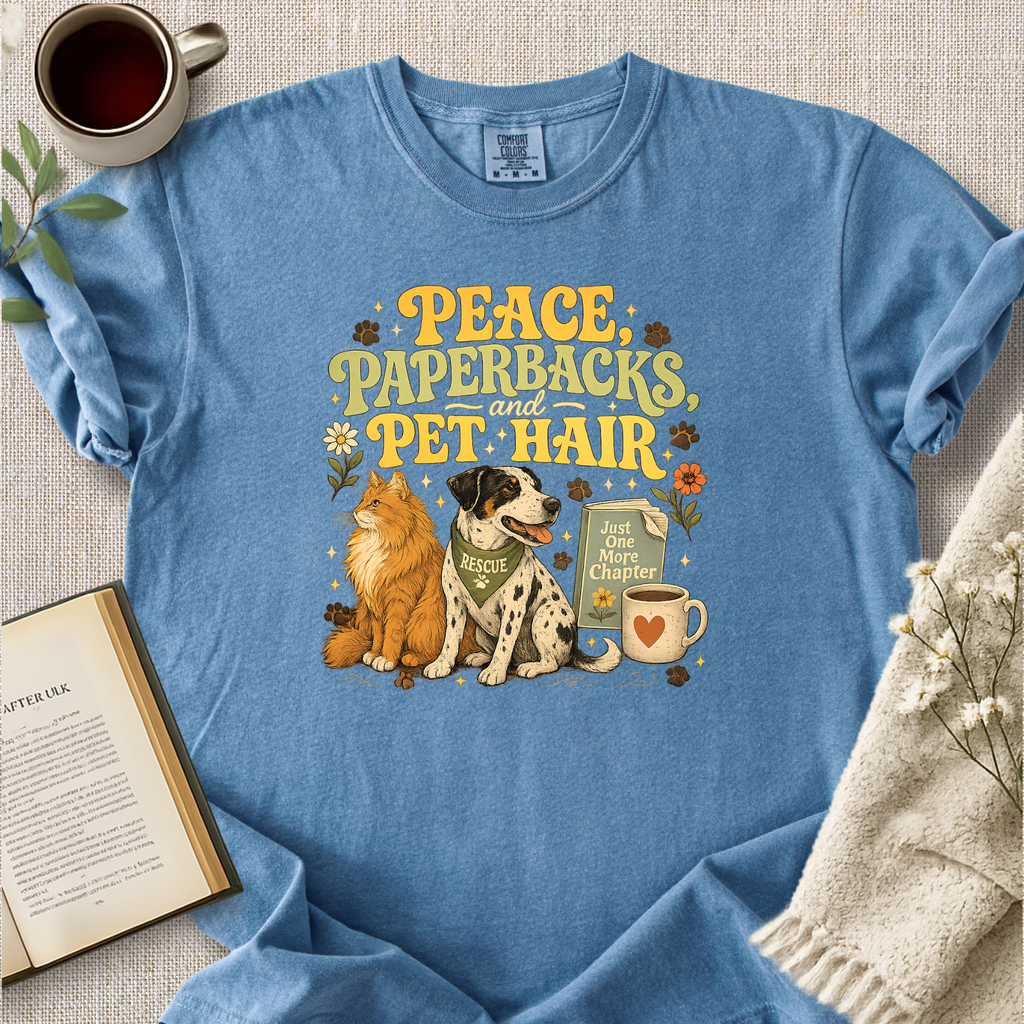 "Peace, Paperbacks and Pet Hair" Cozy Tee