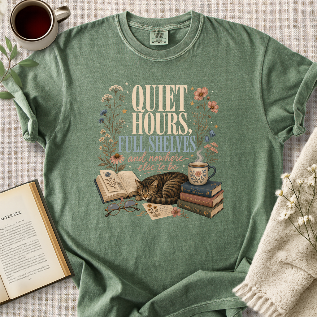 "Quiet Hours, Full Shelves" Cozy Tee