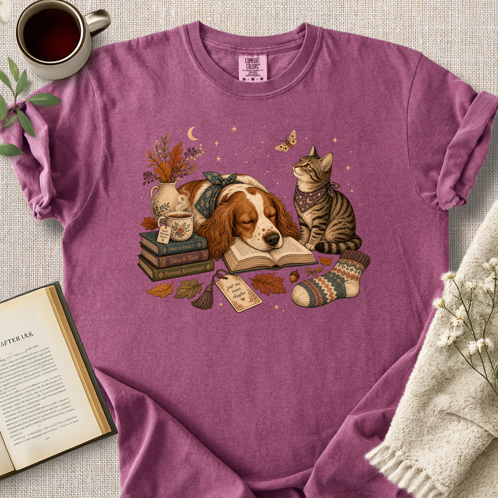Cozy Dog Cat Reading Cozy Tee