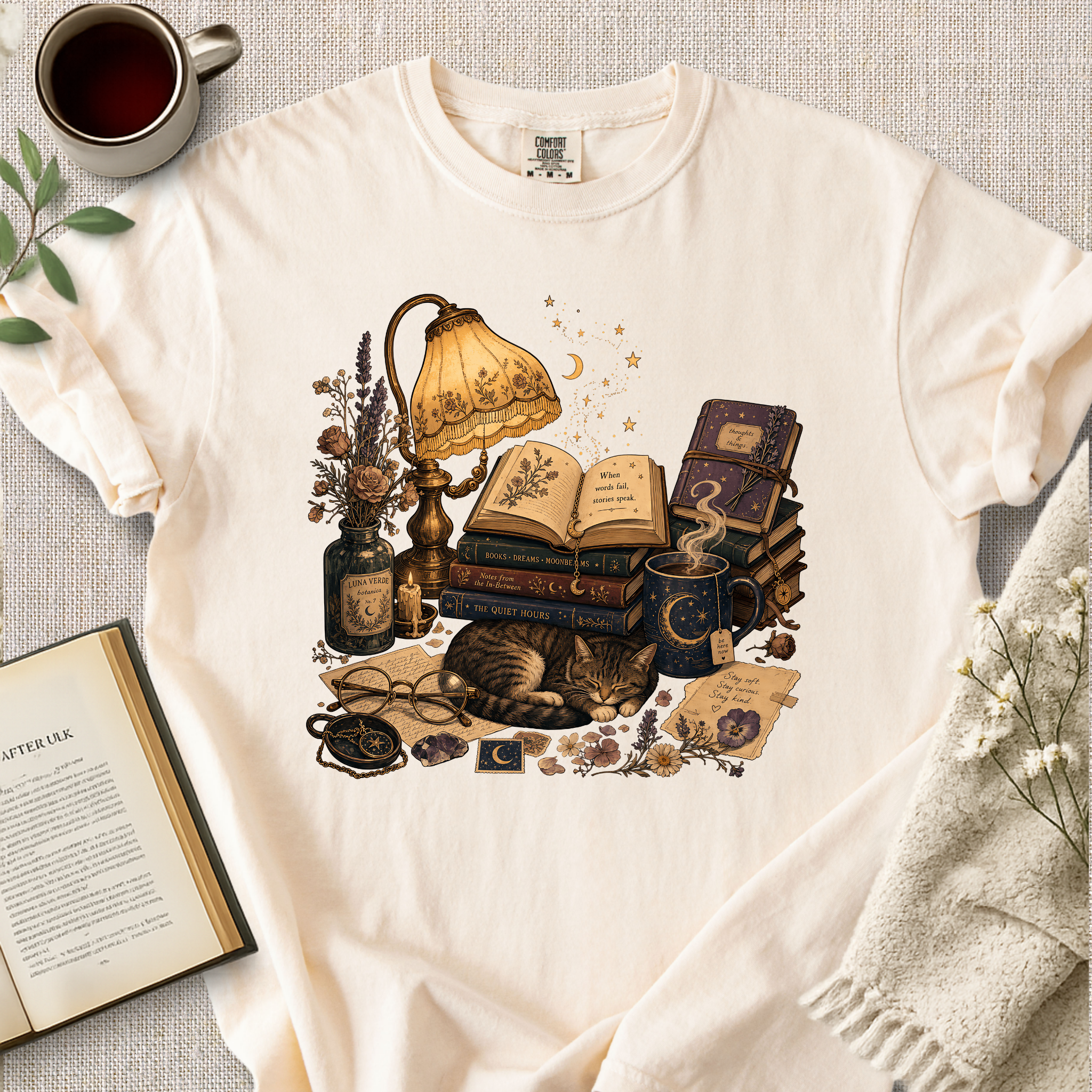 Celestial Library Lamp Cat Cozy Tee