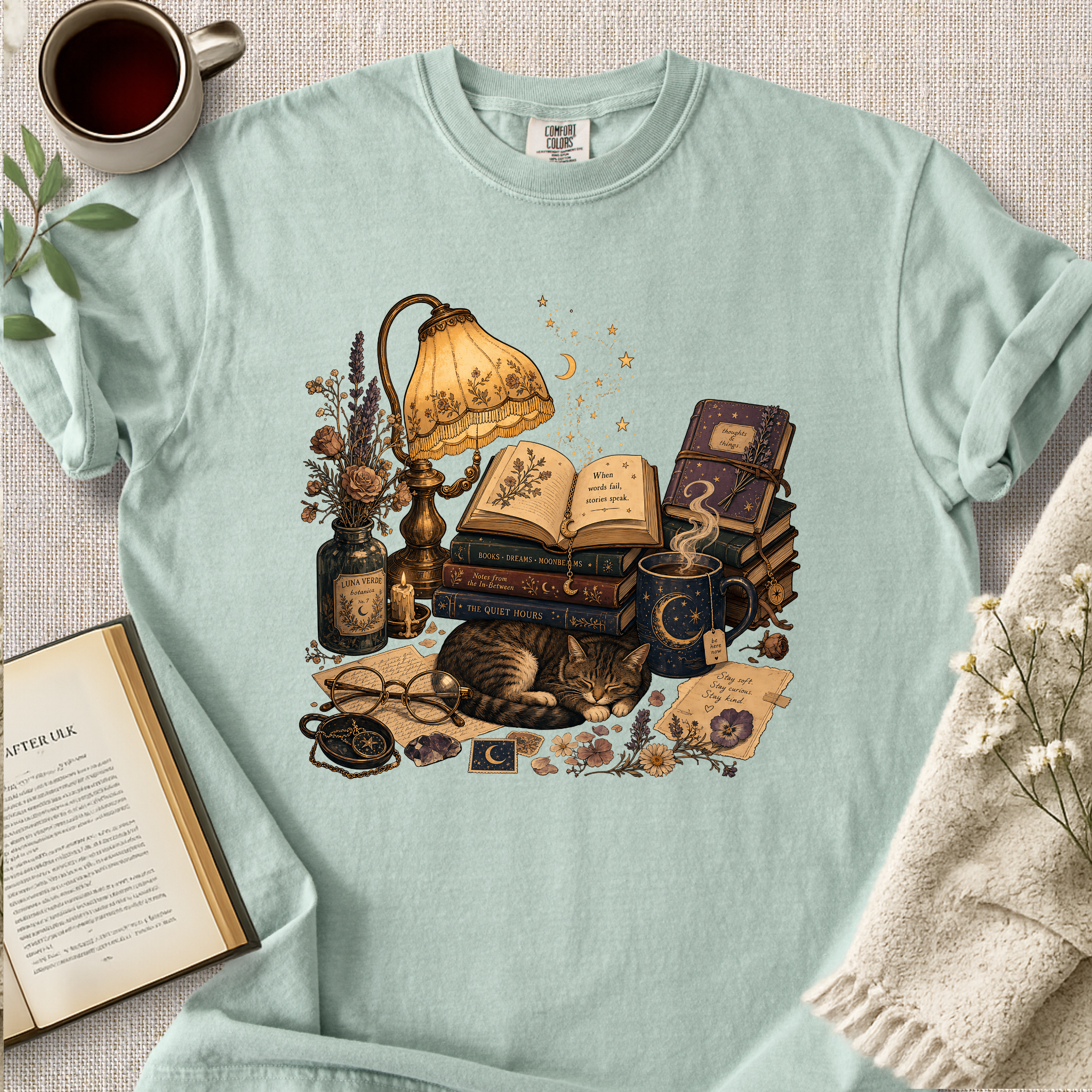 Celestial Library Lamp Cat Cozy Tee