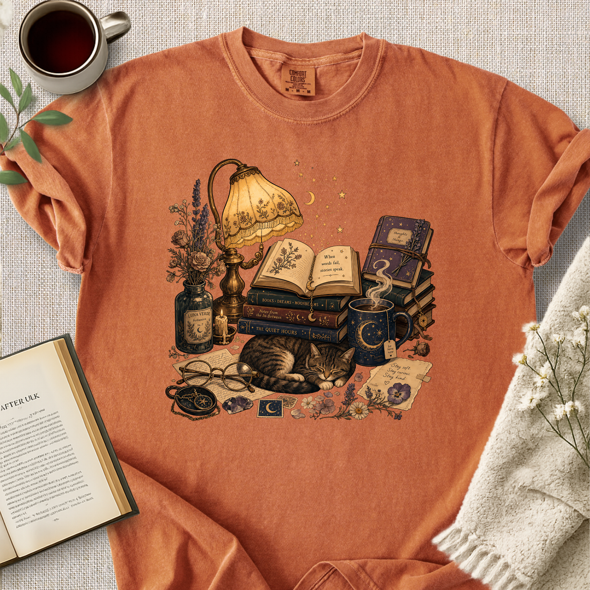 Celestial Library Lamp Cat Cozy Tee
