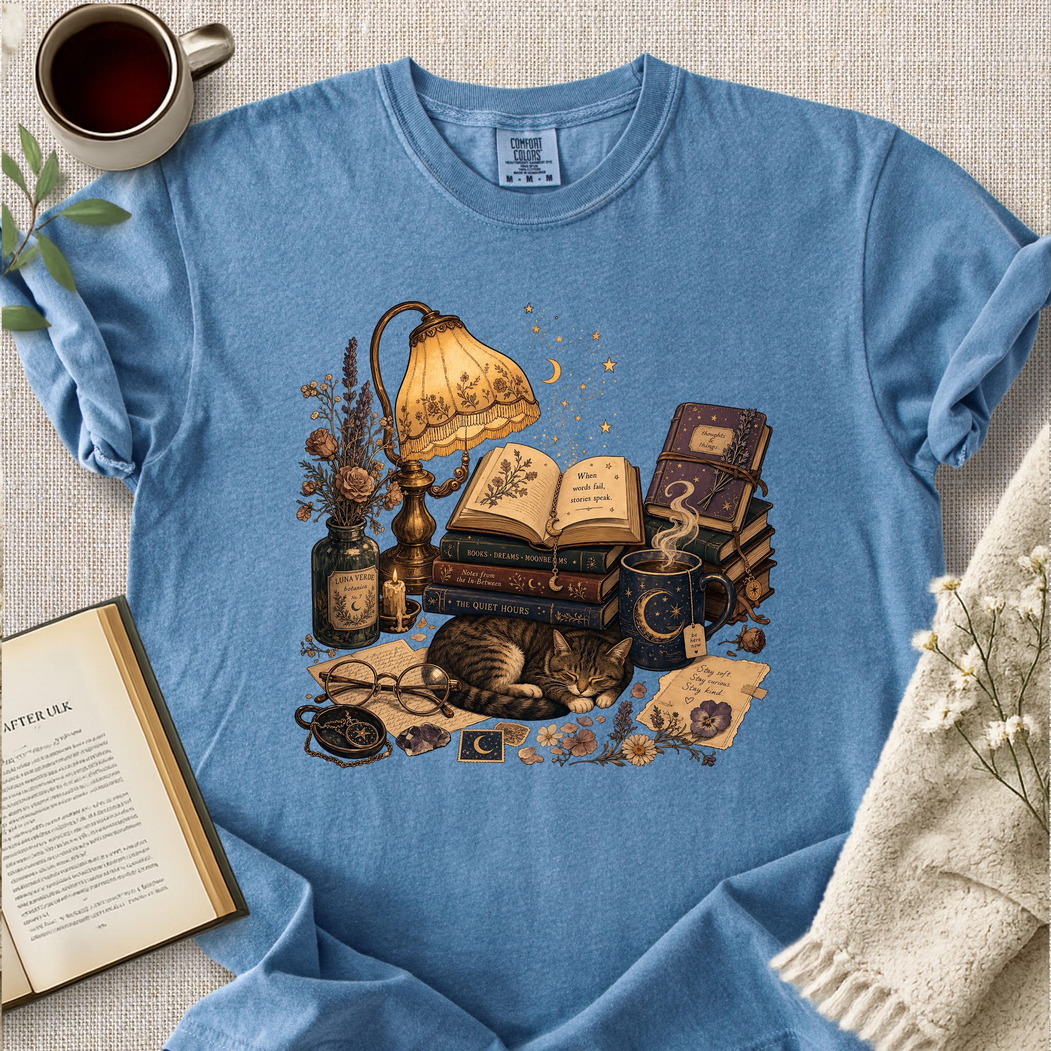 Celestial Library Lamp Cat Cozy Tee