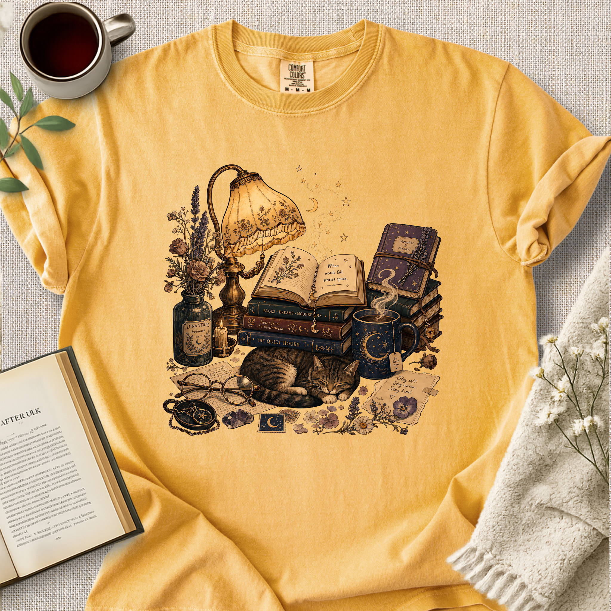 Celestial Library Lamp Cat Cozy Tee