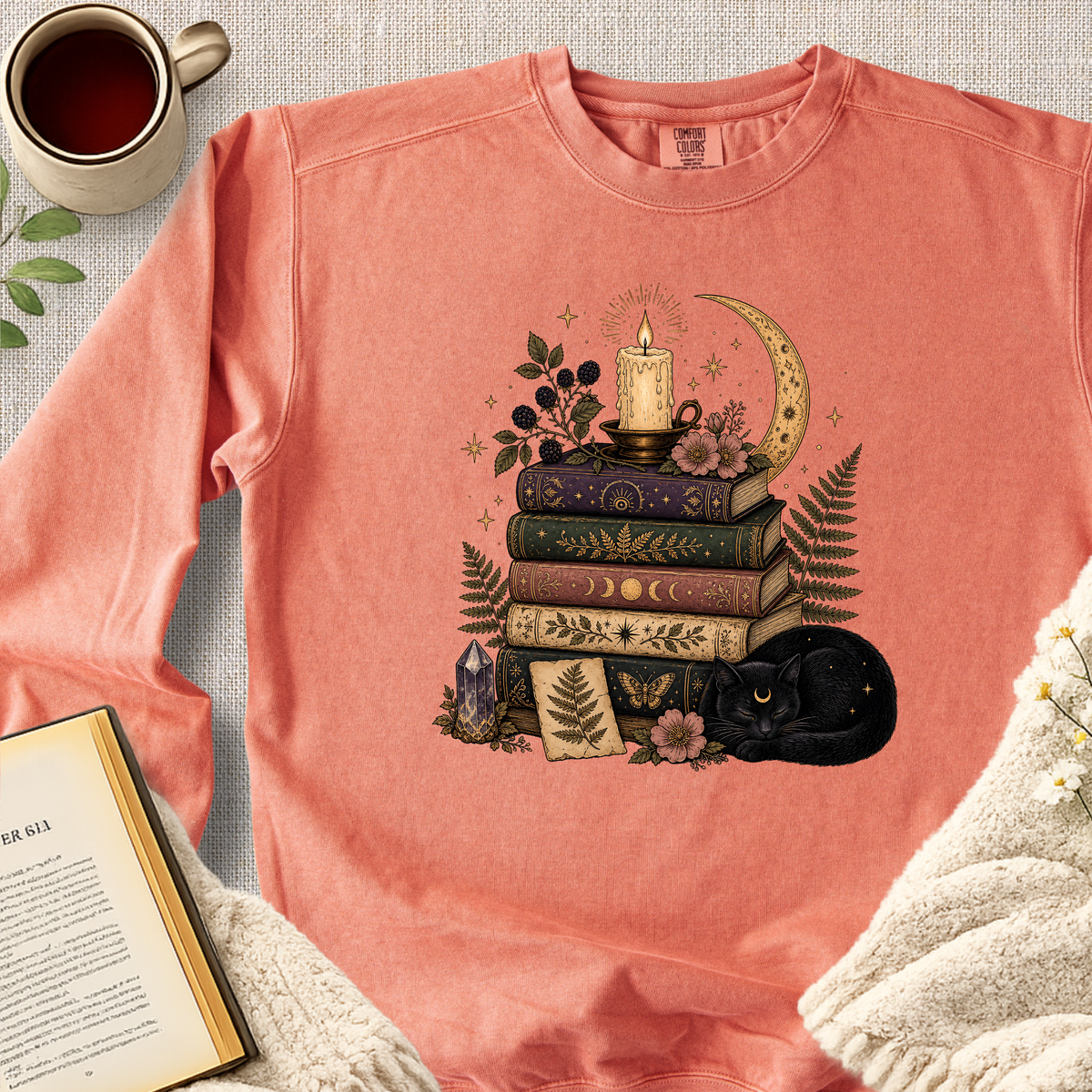 Mystical Book Stack Black Cat Garment-Dyed Comfort Sweatshirt