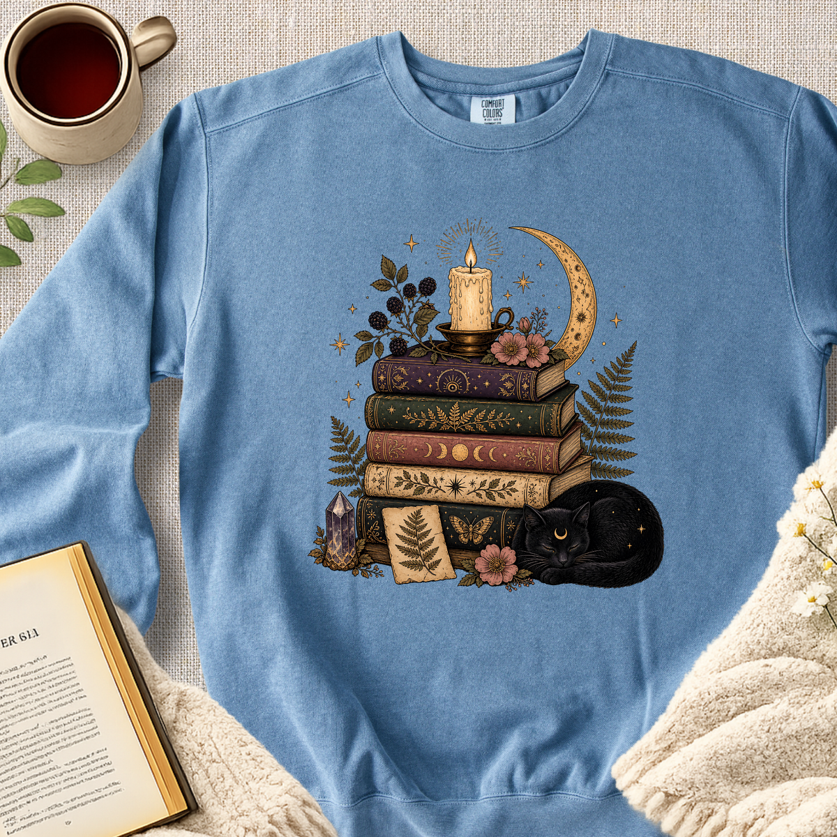Mystical Book Stack Black Cat Garment-Dyed Comfort Sweatshirt