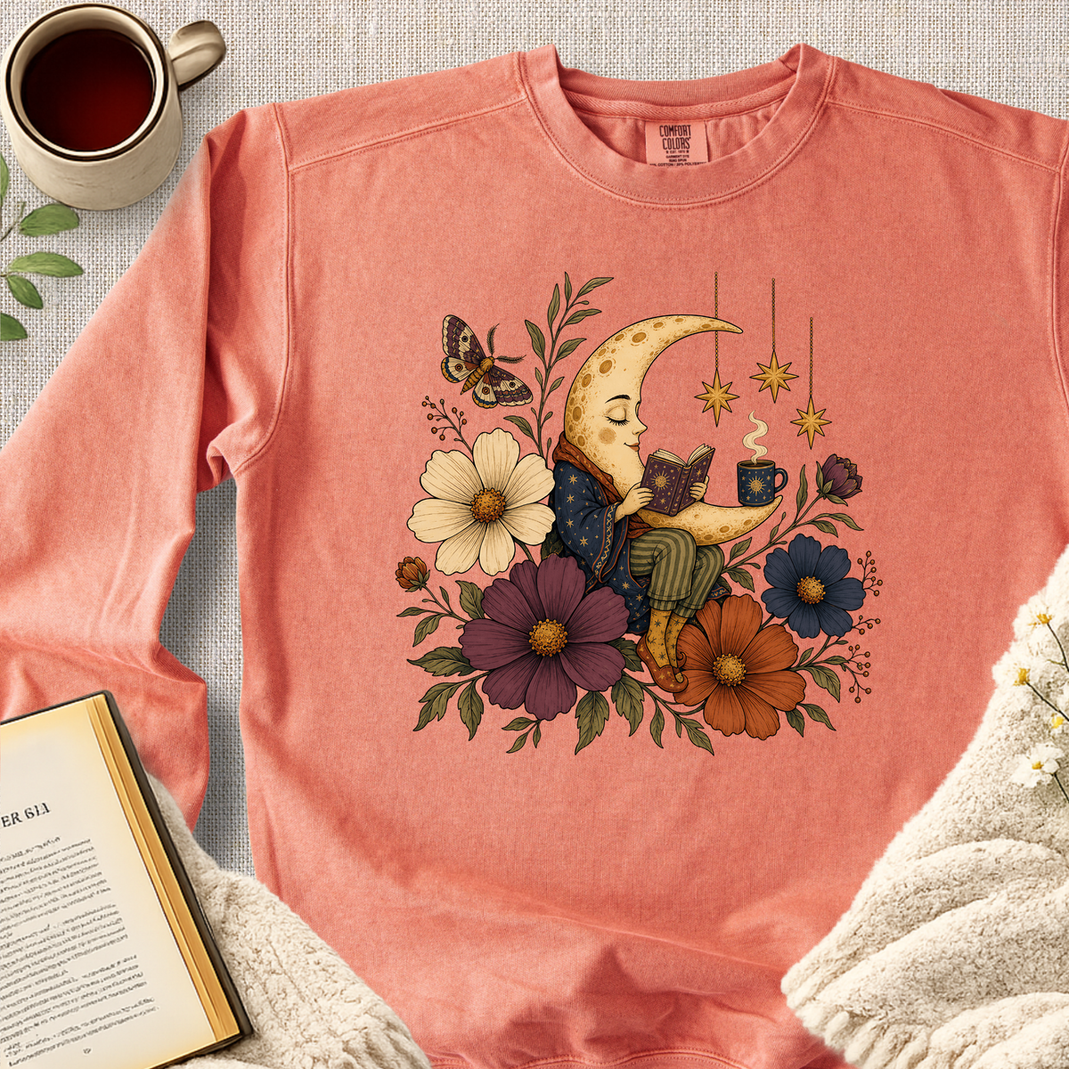 Celestial Moon Reading Book Garment-Dyed Comfort Sweatshirt
