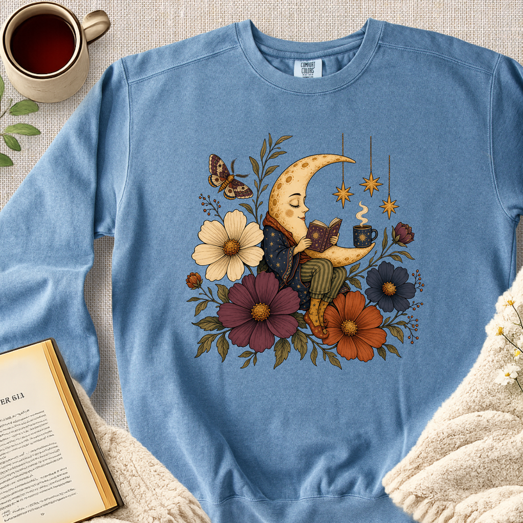 Celestial Moon Reading Book Garment-Dyed Comfort Sweatshirt