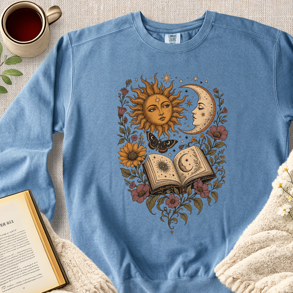 Retro Sun Moon Bookish Garment-Dyed Comfort Sweatshirt