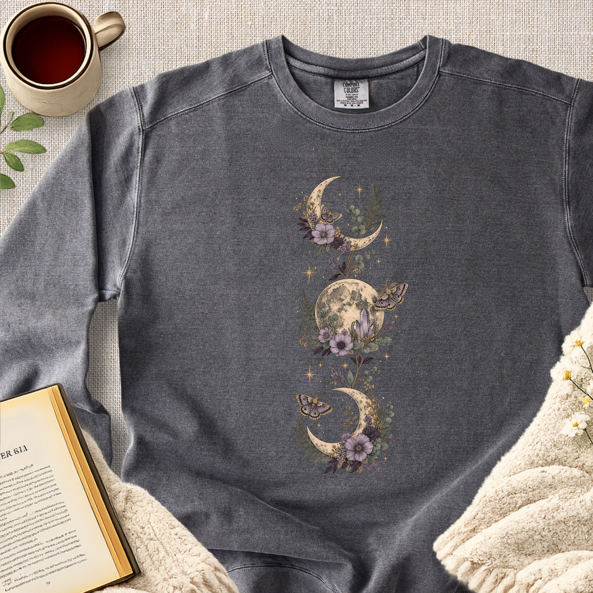 Floral Moon Phase Manifestation Garment-Dyed Comfort Sweatshirt