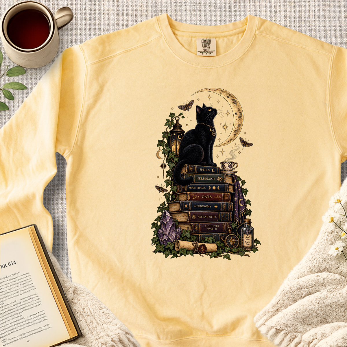 Black Cat Moon Book Stack Garment-Dyed Comfort Sweatshirt