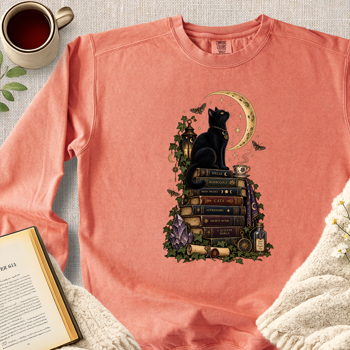 Black Cat Moon Book Stack Garment-Dyed Comfort Sweatshirt