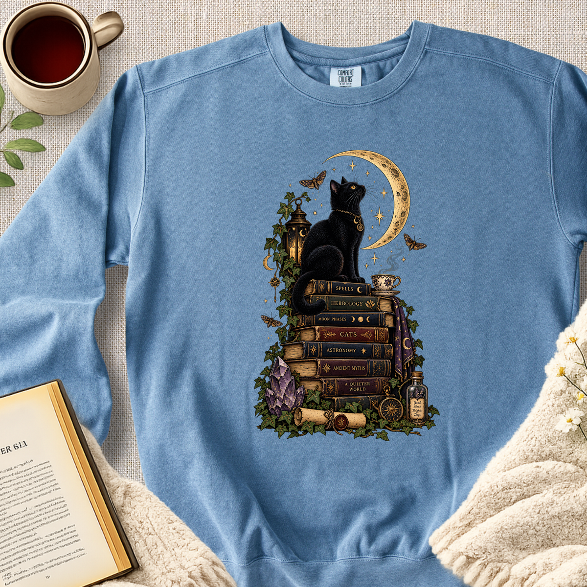 Black Cat Moon Book Stack Garment-Dyed Comfort Sweatshirt