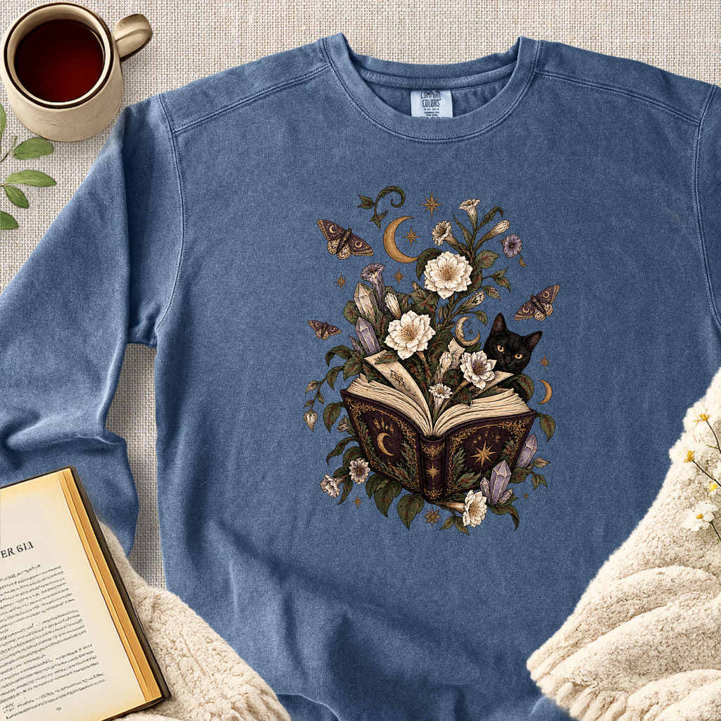 Mystical Open Book Black Cat Garment-Dyed Comfort Sweatshirt