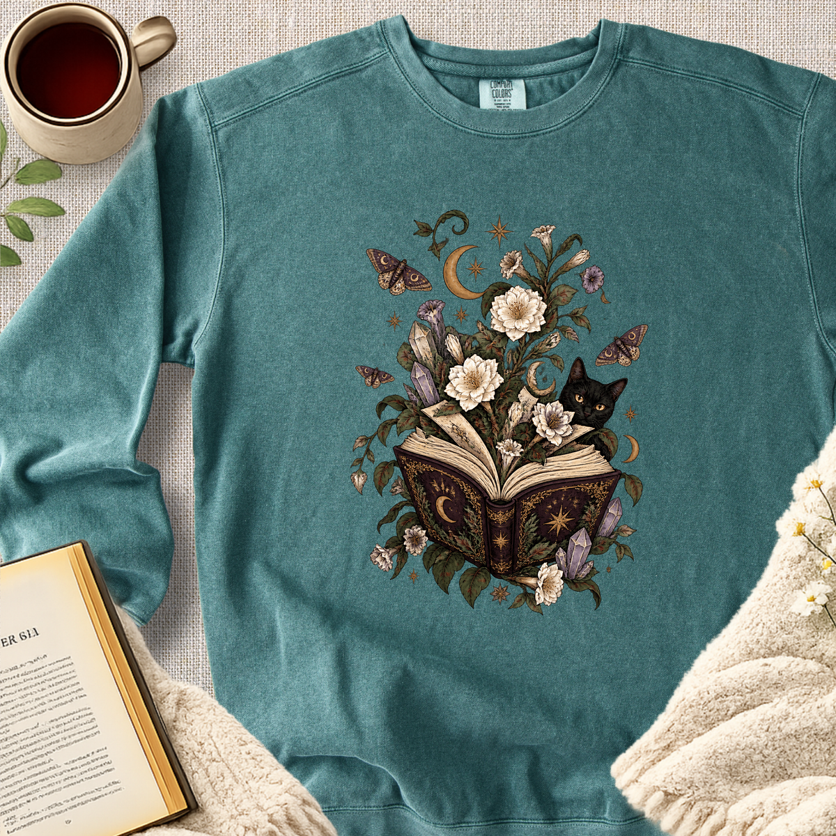 Mystical Open Book Black Cat Garment-Dyed Comfort Sweatshirt