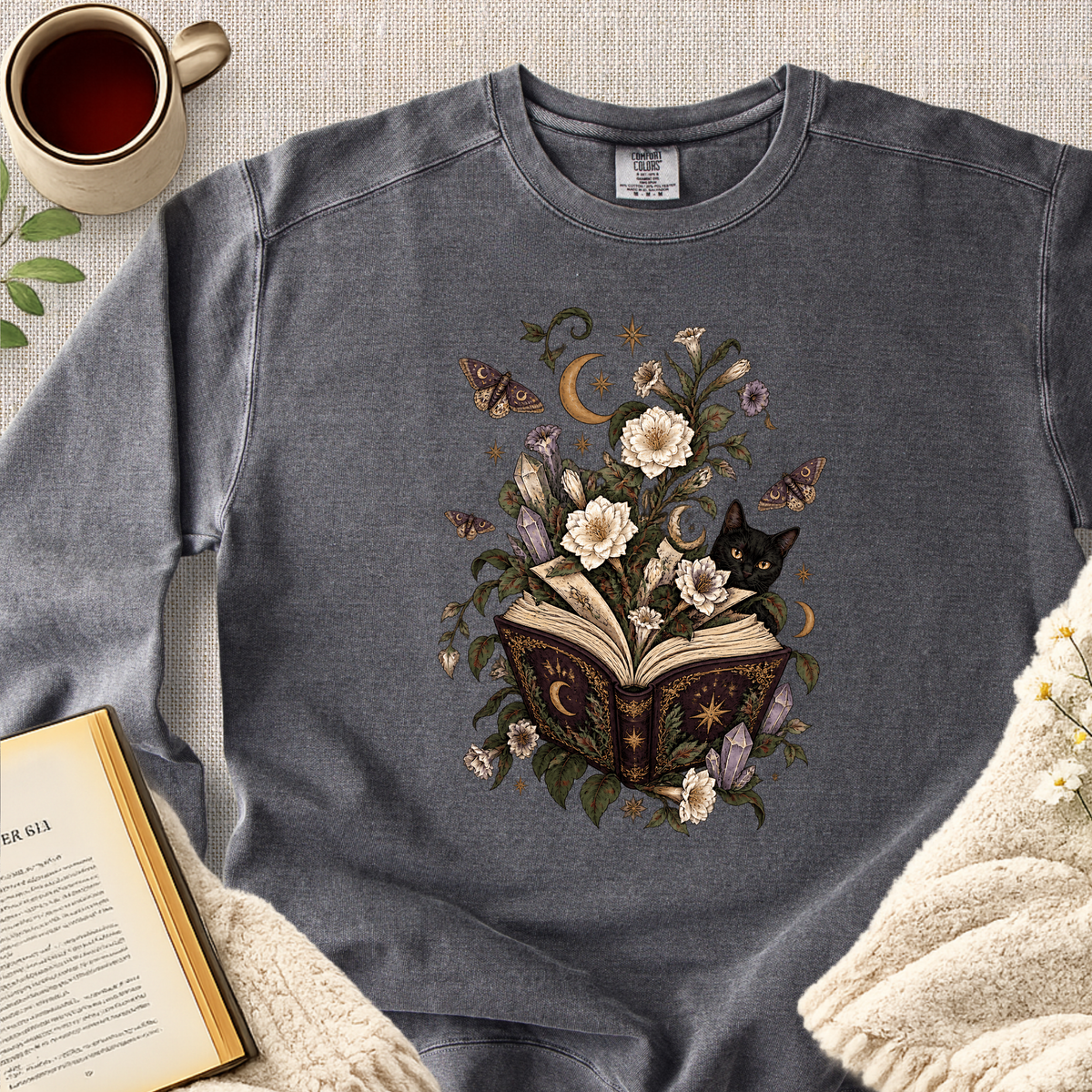 Mystical Open Book Black Cat Garment-Dyed Comfort Sweatshirt
