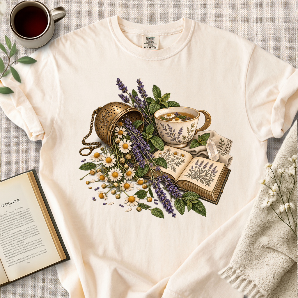 Herbal Tea Botanical Book Lover Cozy Tee